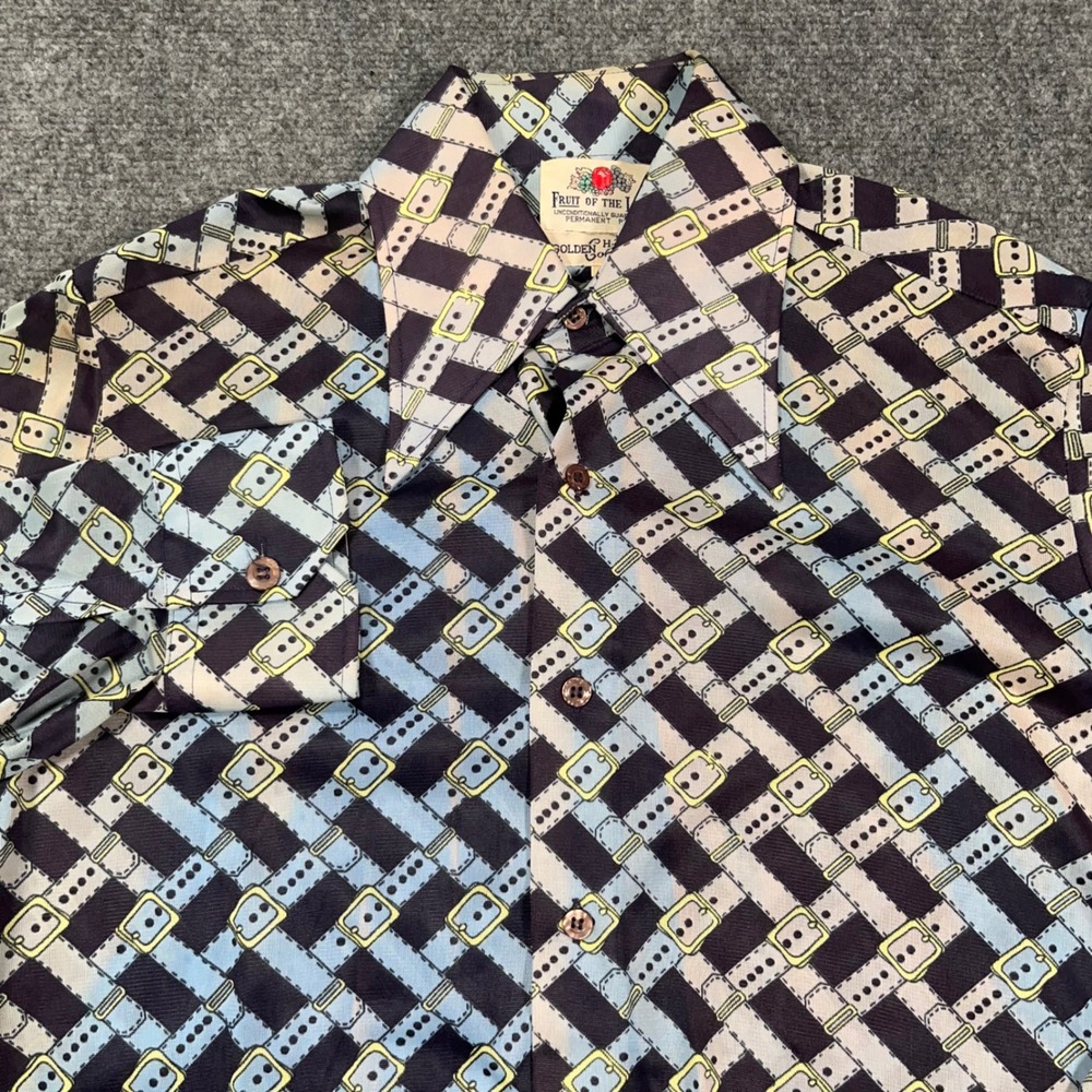 VTG Fruit of the Loom Golden Harvest Shirt Men M Belt Print Disco Rockabilly 70s